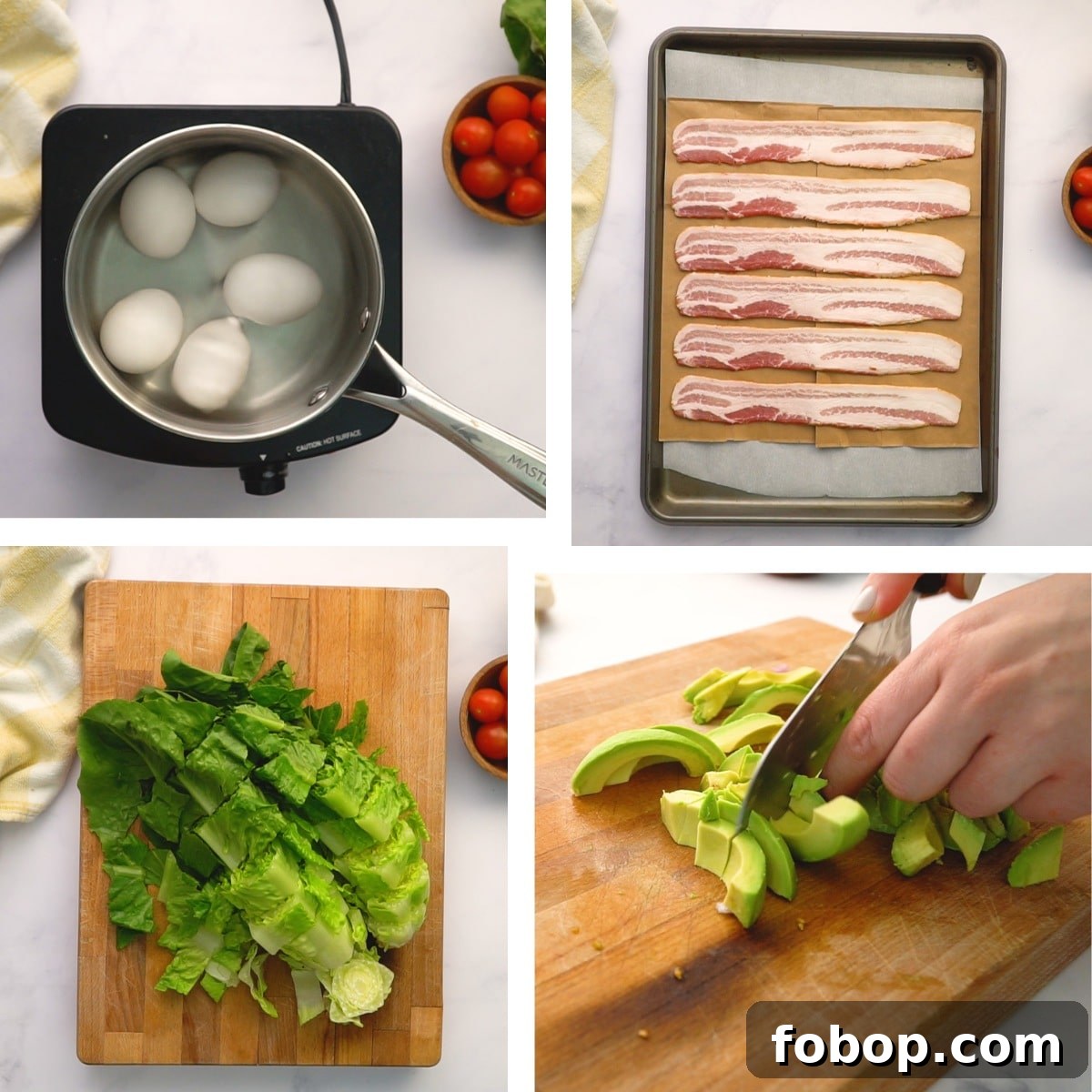 Cobb Salad with Homemade Dressing Recipe for Fresh Flavor 5 making cobb salad boiling eggs, cooing bacon, chopping lettuce, chopping avocados
