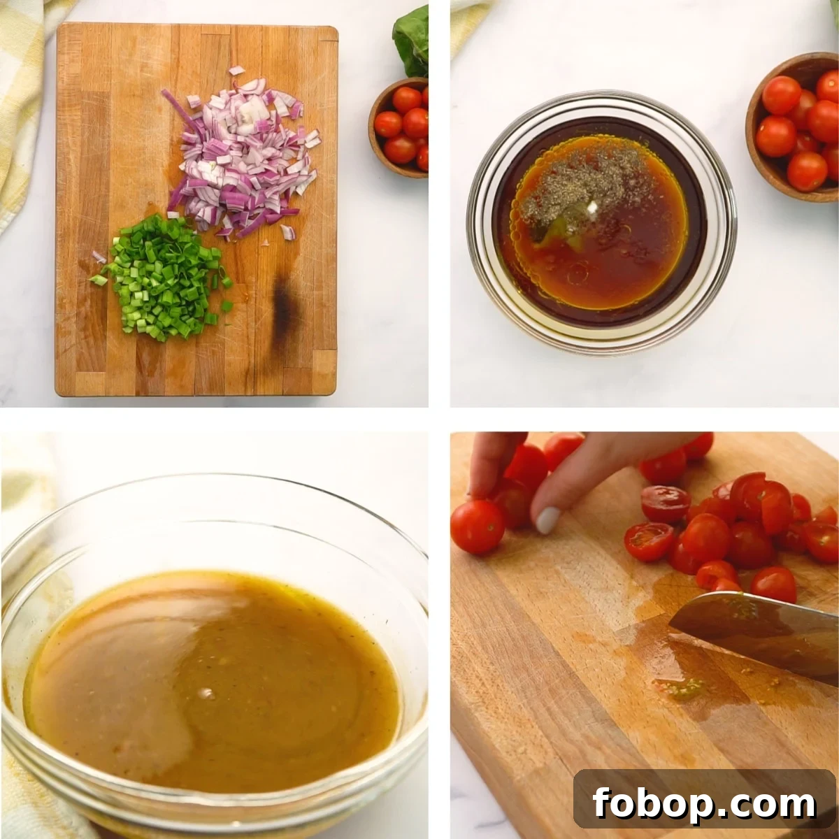 Cobb Salad with Homemade Dressing Recipe for Fresh Flavor 6 making cobb salad chopped onions, salad dressing ingredients in bowl and mixed, chopping cherry tomatoes