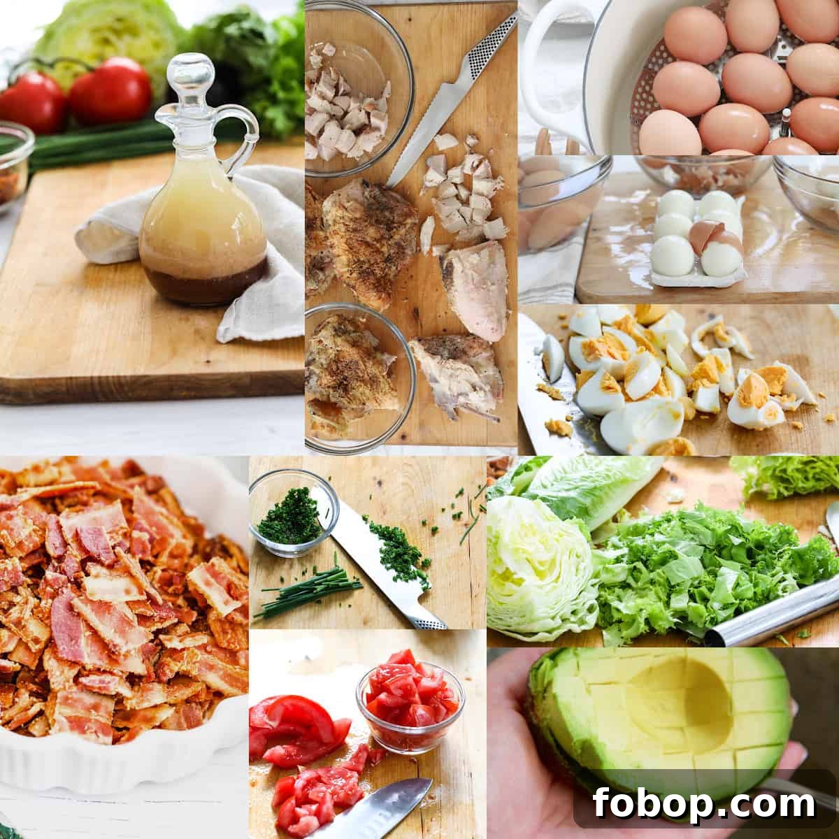 Classic Cobb Salad Recipe with Homemade Dressing and Tips 4 Showing how to make Cobb Salad with dressing, chopped eggs, cubed avocado, crumbled bacon and chopped lettuce.