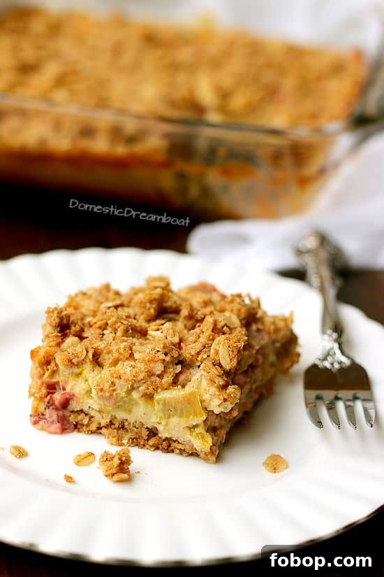 Moist Rhubarb Coffee Cake with Greek Yogurt 9 Slice of rhubarb crisp on a white plate