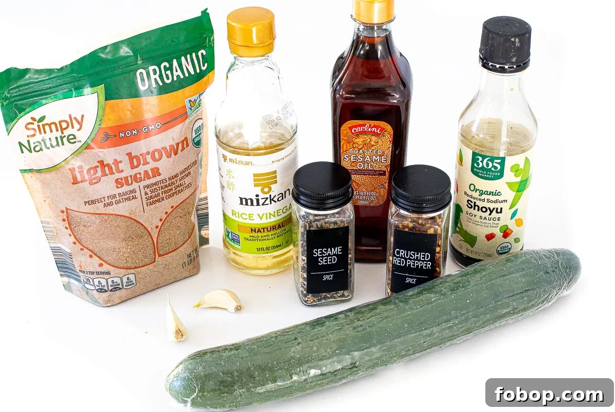 Refreshing Japanese Cucumber Salad with Sesame and Rice Vinegar 3 Japanese cucumber salad ingredients on white counter