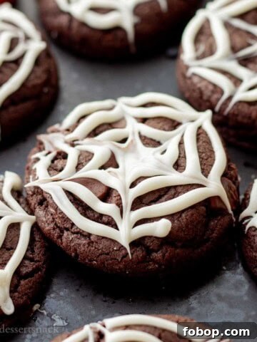 Spider web cookie with white chocolate on black plate.