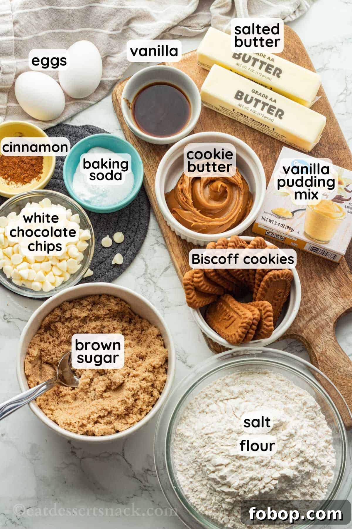 White Chocolate Biscoff Cookie Recipe: Crunchy Layered Cookies 3 White Chocolate Biscoff Cookies ingredients labeled in bowls.