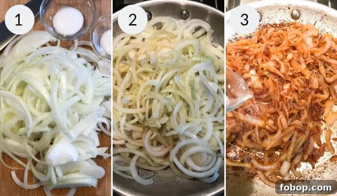 Discover the three-step process for creating the perfect caramelized onions: Step 1 reveals sliced raw onions, Step 2 captures them sizzling in a pan, and Step 3 presents them beautifully browned, ready to transform into a delicious caramelized onion dip.