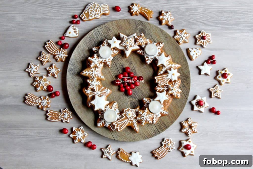 Gingerbread Wreath Recipe: Festive Holiday Cookie Centerpiece 2 icing decorated gingerbreads build up as advent wreath on wooden plate