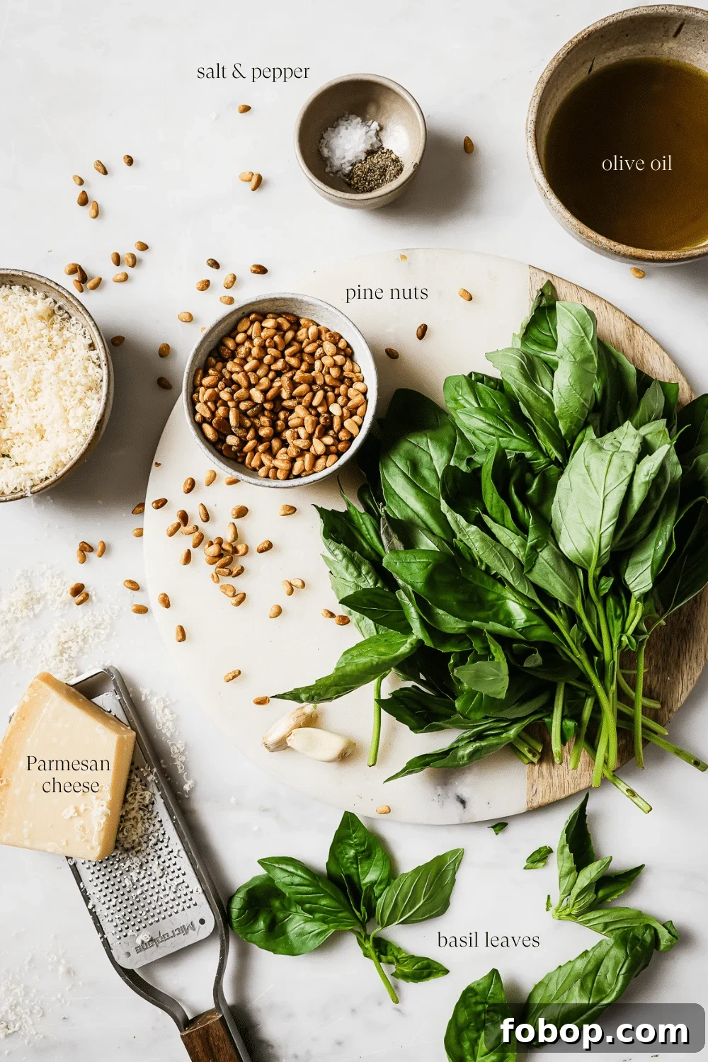 Pre-measured ingredients for basil pesto on a white countertop.