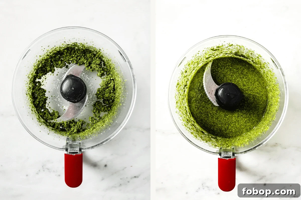 Left: pesto ingredients chopped in a food processor. Right: pesto with the olive oil added in.