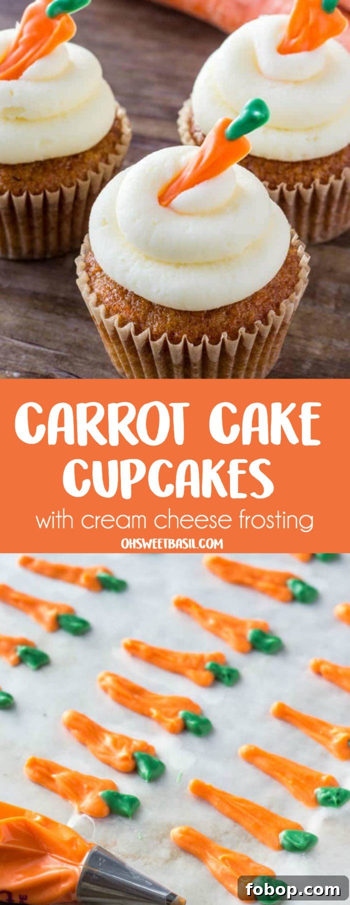 Carrot Cake Cupcakes with a cupcake crumb coat swirled with cream cheese frosting and a cute carrot on top for decoration