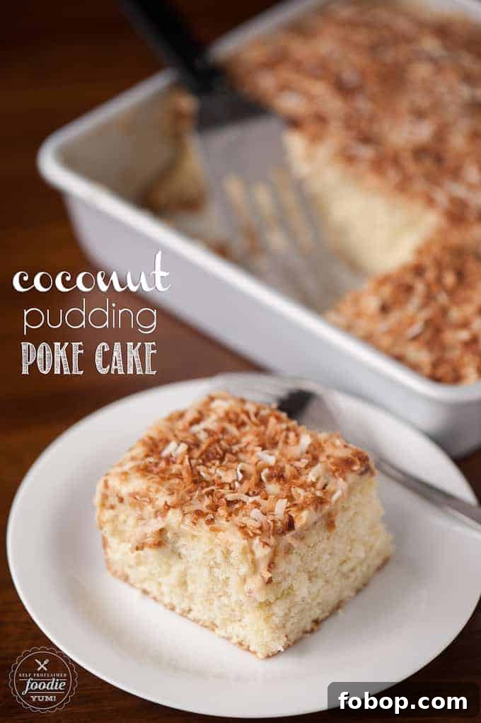 A slice of cake on a plate, with Pudding and Coconut