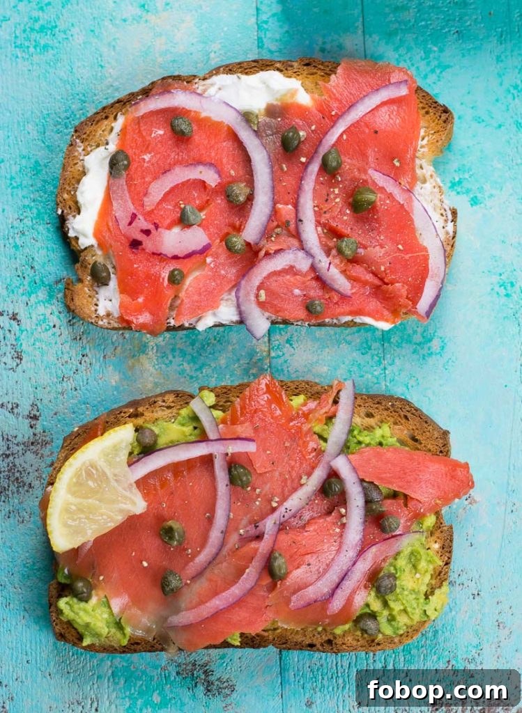 Smoked Salmon Toast Recipes: Quick Gourmet Open-Faced Sandwich Ideas 2 Smoked salmon toast with avocado or cream cheese