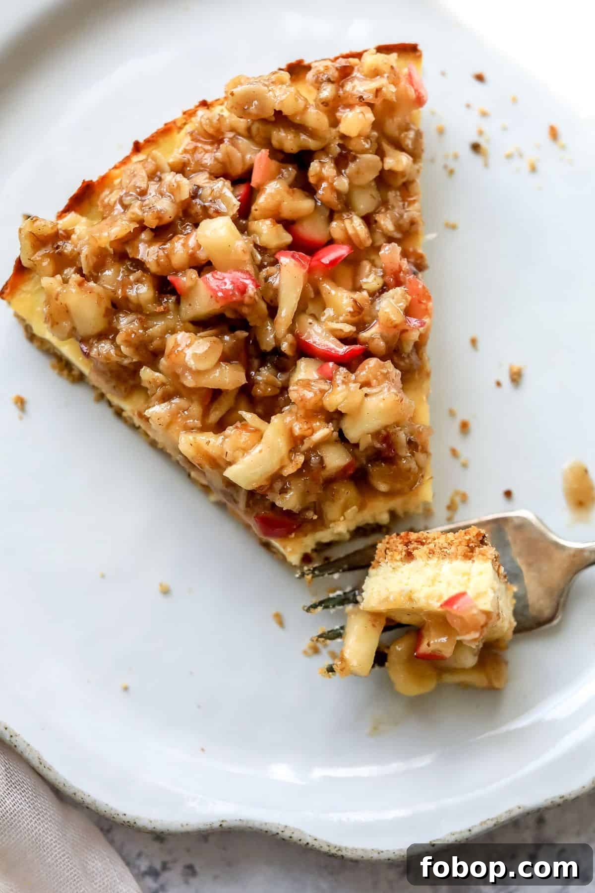 Cottage Cheese Cheesecake on a white plate with a fork on it. 