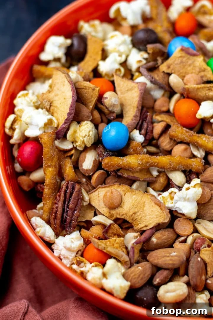 close up view of pretzels, caramel chips, apples, popcorn and m&ms