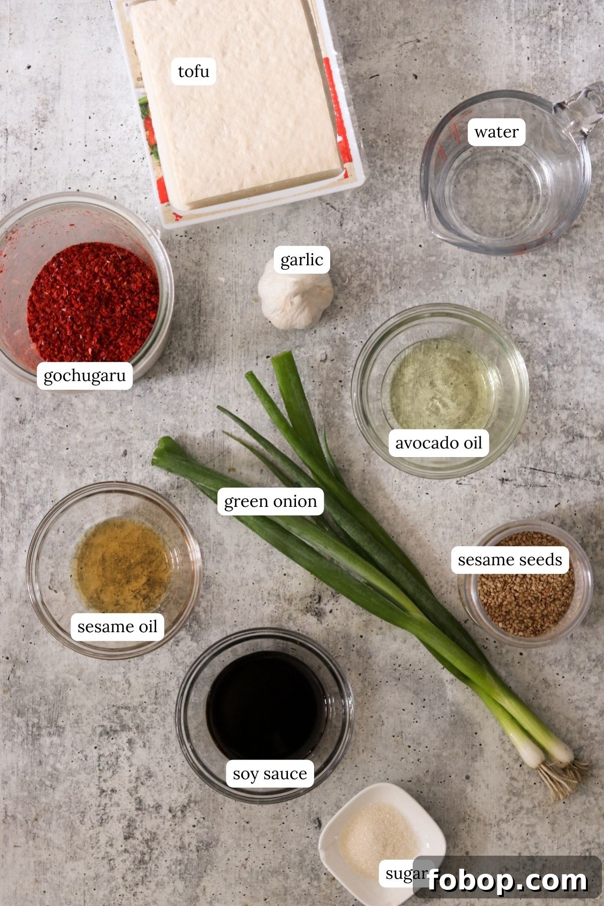 recipe ingredients in small bowls and labeled