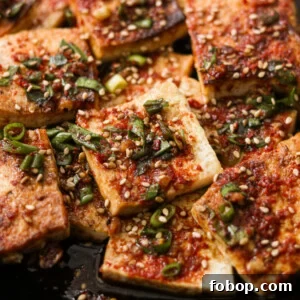 korean braised tofu topped with green onions and sesame seeds