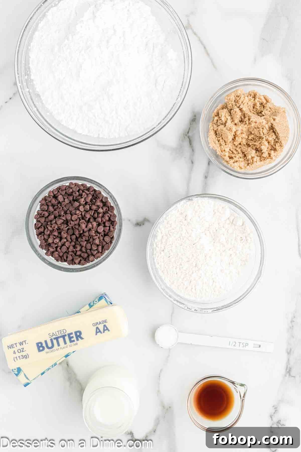 Ingredients for Cookie dough buttercream - butter, brown sugar, powdered sugar, all purpose flour, milk, mini chocolate chips.