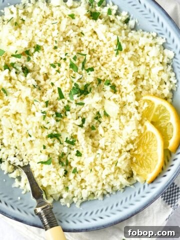 Top down view of a bowl of cilantro cauliflower rice