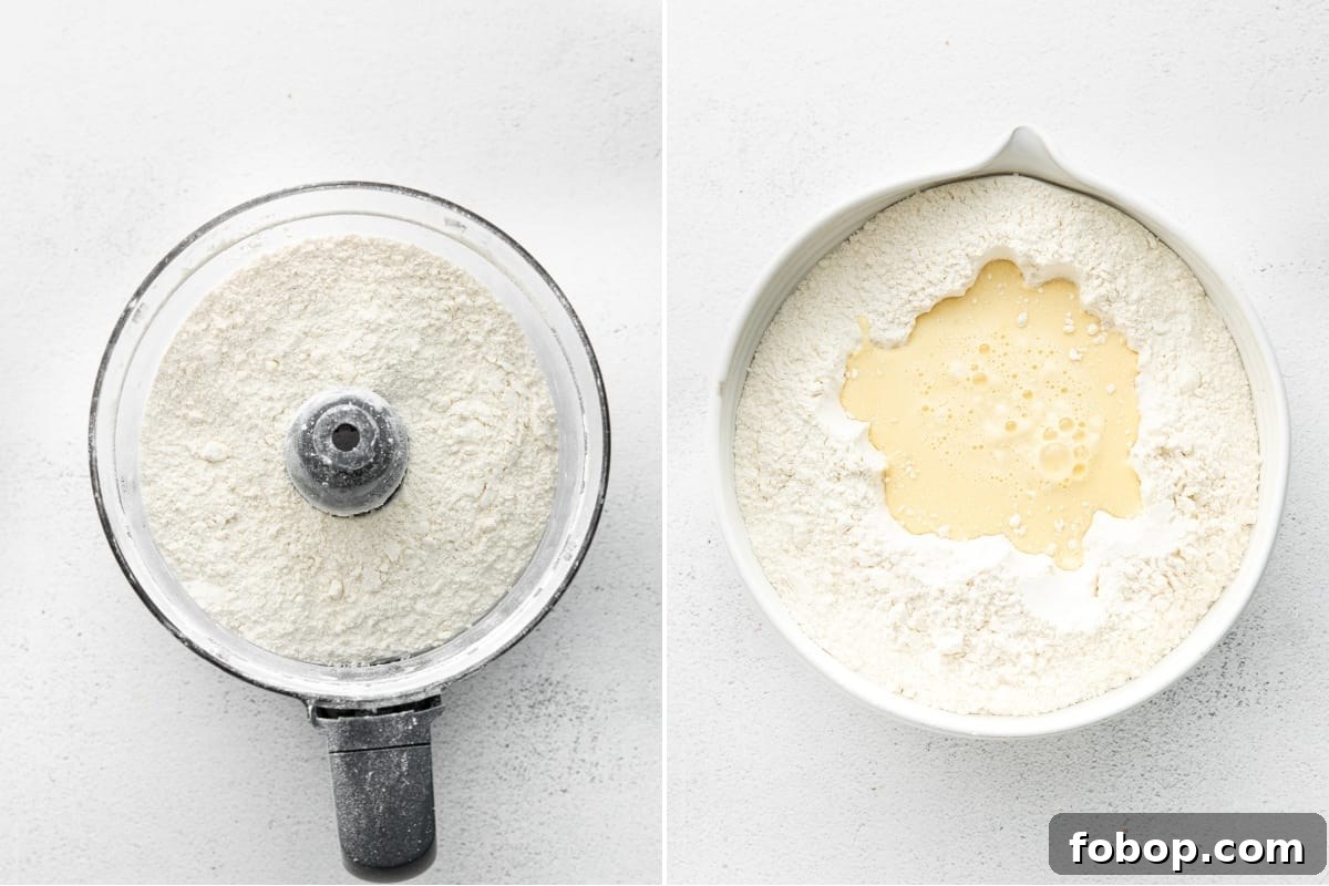 Left: Food processor with coarsely mixed flour mixture; right: mixing bowl with wet ingredients poured on top of dry ingredients