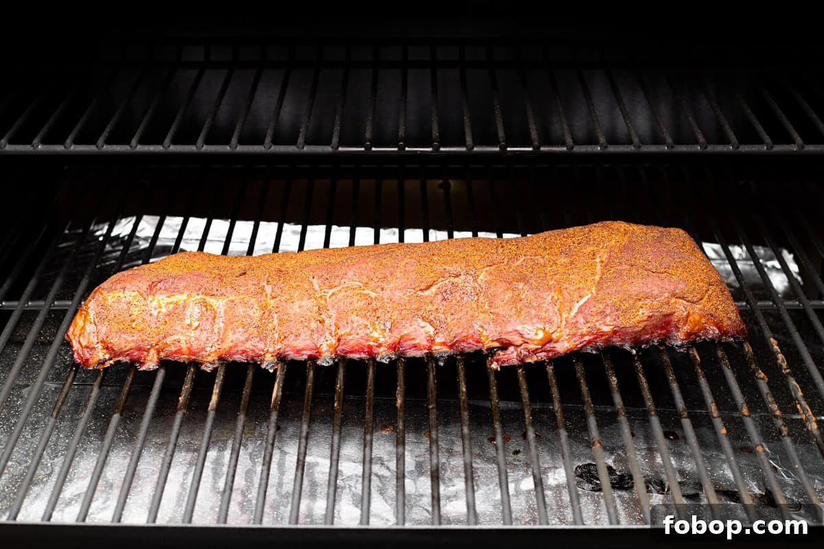 Smoked Baby Back Ribs: Tender, Flavorful Recipe for Beginners 6 A rack of ribs in a wood pellet grill.