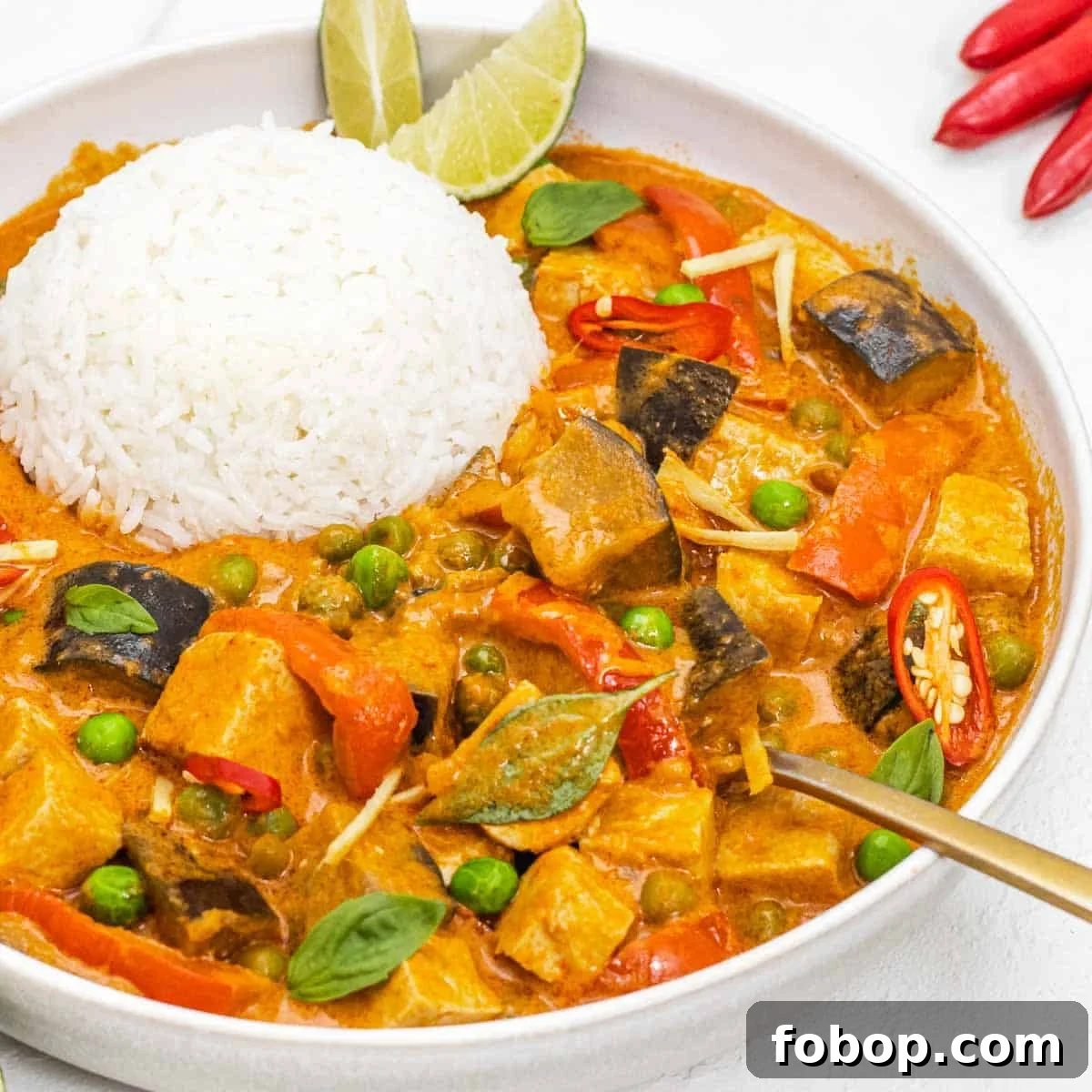 30 Delicious Eggplant Recipes for Every Meal 18 Thai Red Curry with rice and spoon