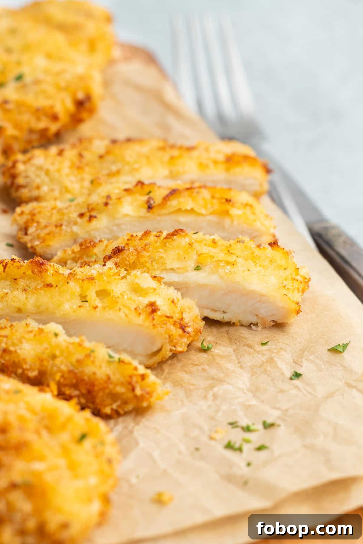 This is a picture of a chicken cutlets sliced up. 