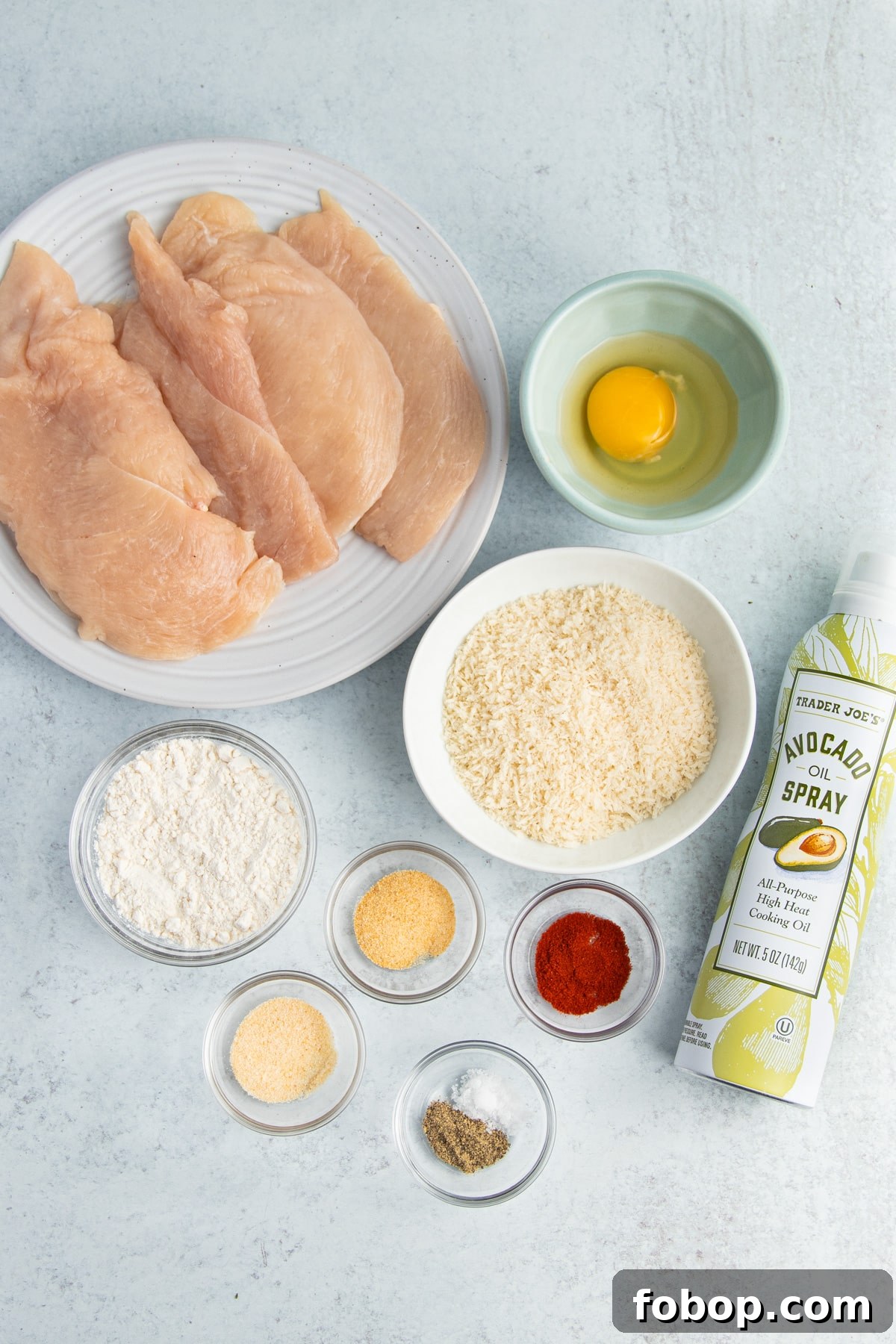 This is a picture of the ingredients needed to make chicken cutlets in the air fryer.