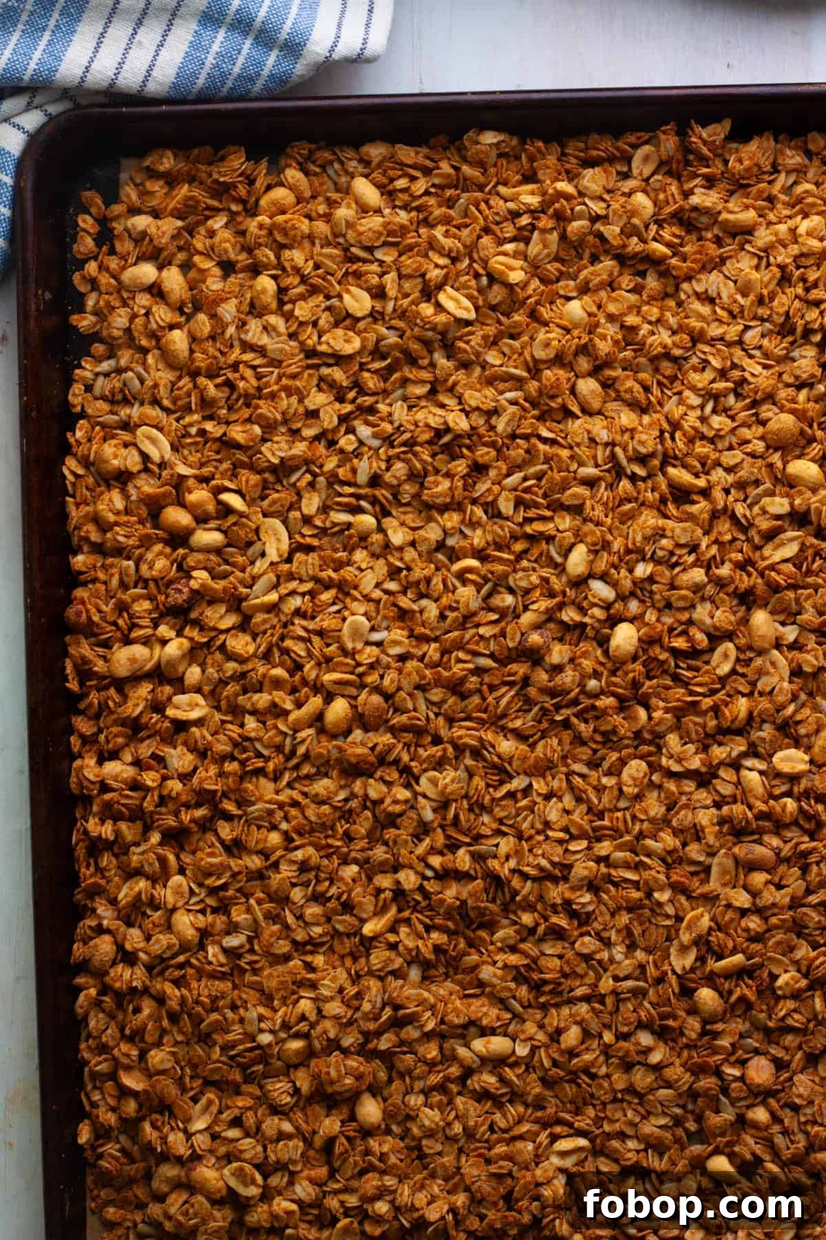 Crunchy Peanut Butter Granola Recipe for Homemade Snacks 7 Cooked homemade peanut butter granola on a baking sheet.