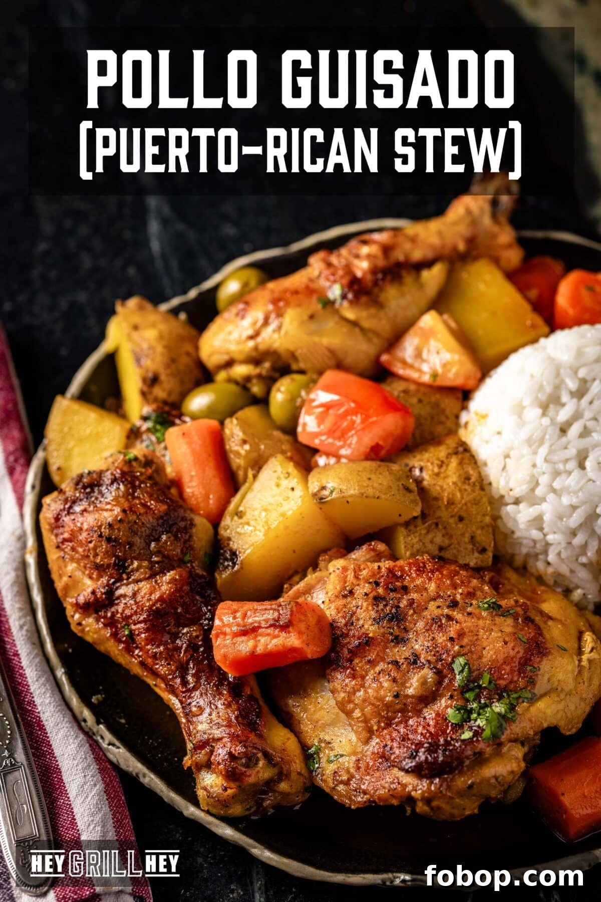 A bowl of chicken stew with carrots, potatoes, and a scoop or rice. The text overlay reads "Pollo Guisado (Puerto-Rican Stew)" at the top, and "Hey Grill Hey" at the bottom.