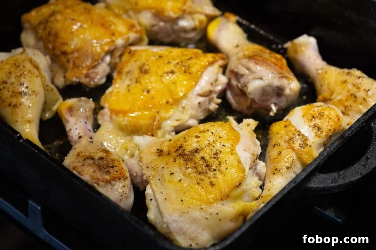 Various cuts of seasoned chicken in a cast iron pot.