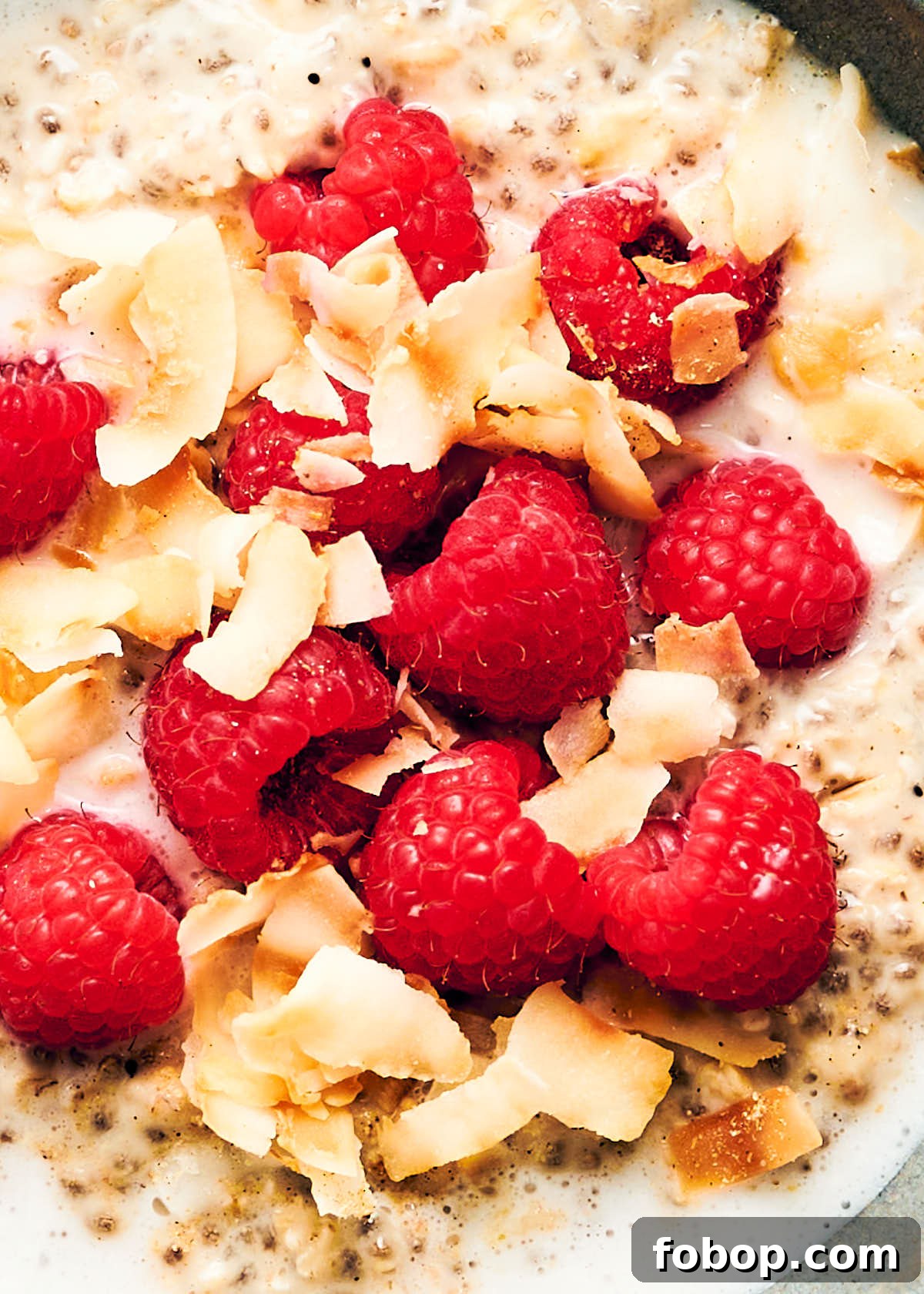 Vegan overnight oats with coconut milk in a bowl topped with raspberries and toasted coconut flakes.