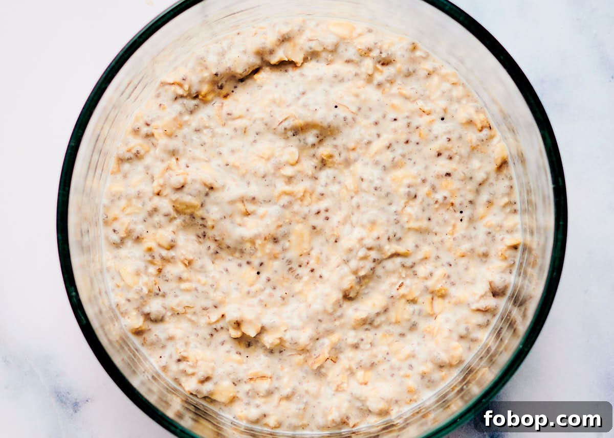 Vegan overnight oats with coconut milk thickened after sitting overnight in the fridge.
