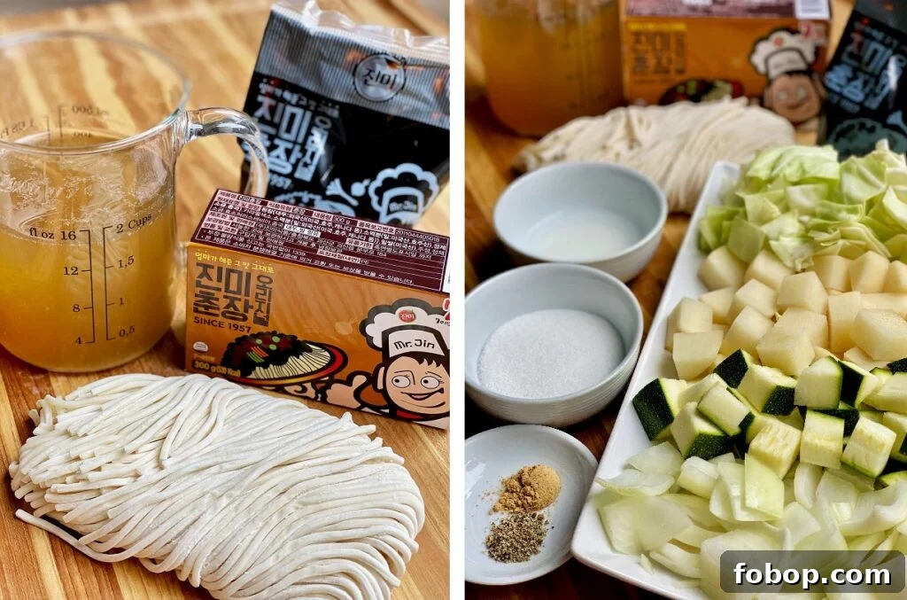Jajangmyeon: Authentic Korean Black Bean Noodle Recipe 2 jajangmyeon ingredients: chopped cabbage, zucchini, onions, noodles, black bean paste, beef broth, corn starch slurry, sugar, black pepper, and ground ginger.