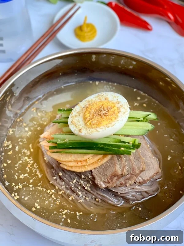 Jajangmyeon: Authentic Korean Black Bean Noodle Recipe 7 A bowl of Korean mul naengmyeon (cold noodles) features slices of beef, cucumber strips, and half a boiled egg on top. Garnished with sesame seeds, it's served in a stainless steel bowl with chopsticks and mustard on the side.