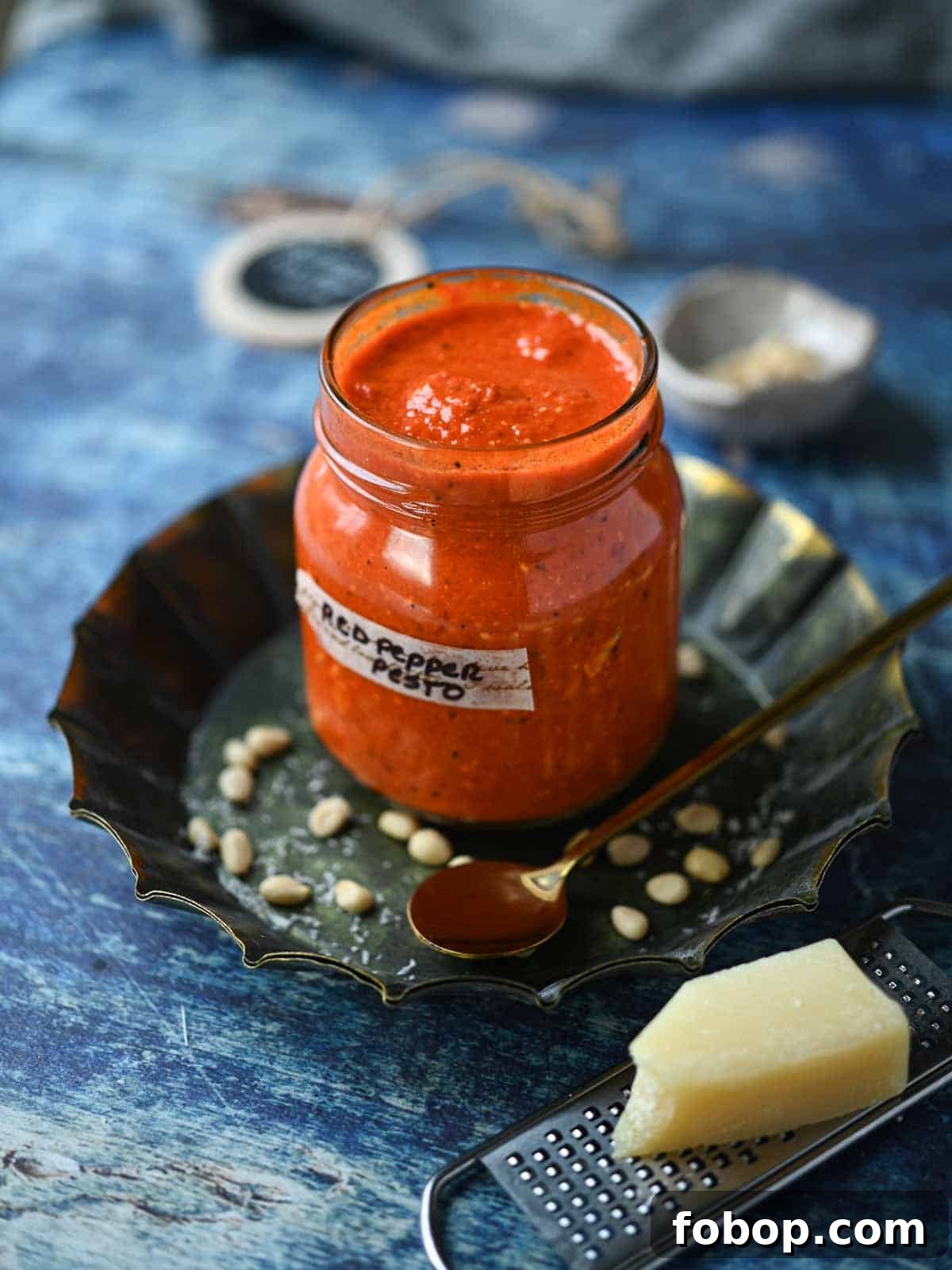 Smoky Roasted Red Pepper Pesto Recipe for Pasta & Sandwiches 6 Red pepper pesto in a jar with grated cheese in the front on a blue surface.