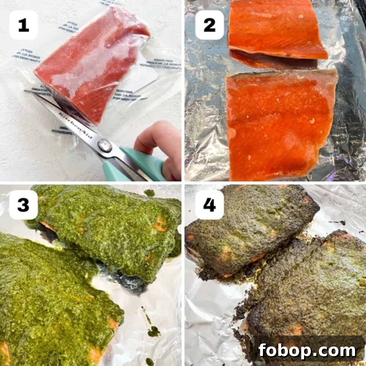 Crispy Air Fryer Frozen Salmon in 15 Minutes 4 Four process shots showing how to make frozen salmon in an air fryer with pesto.