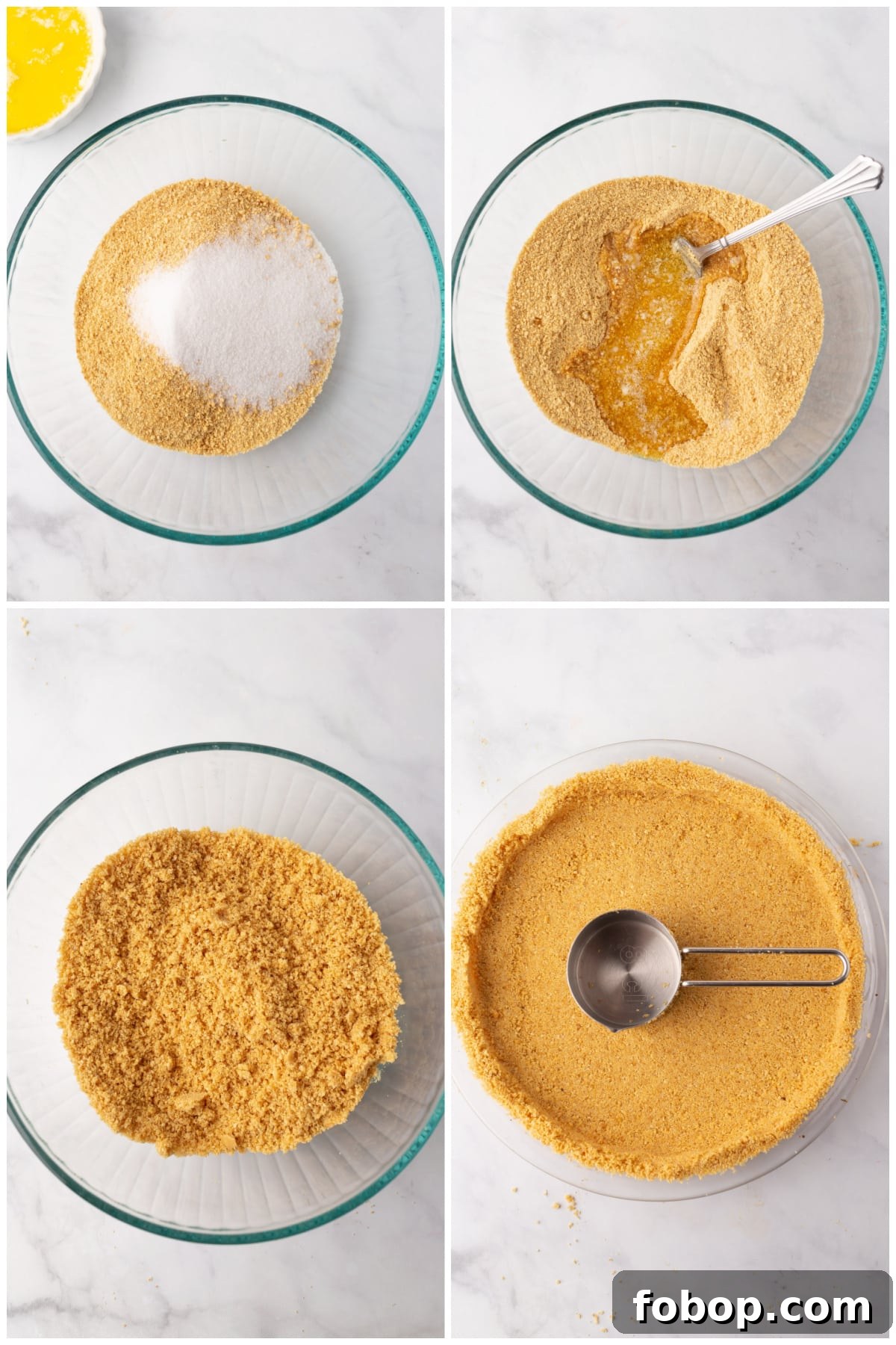 Perfect Graham Cracker Crust Recipe for Pies and Cheesecakes 4 A collage of four images with instructions to make the crust recipe.