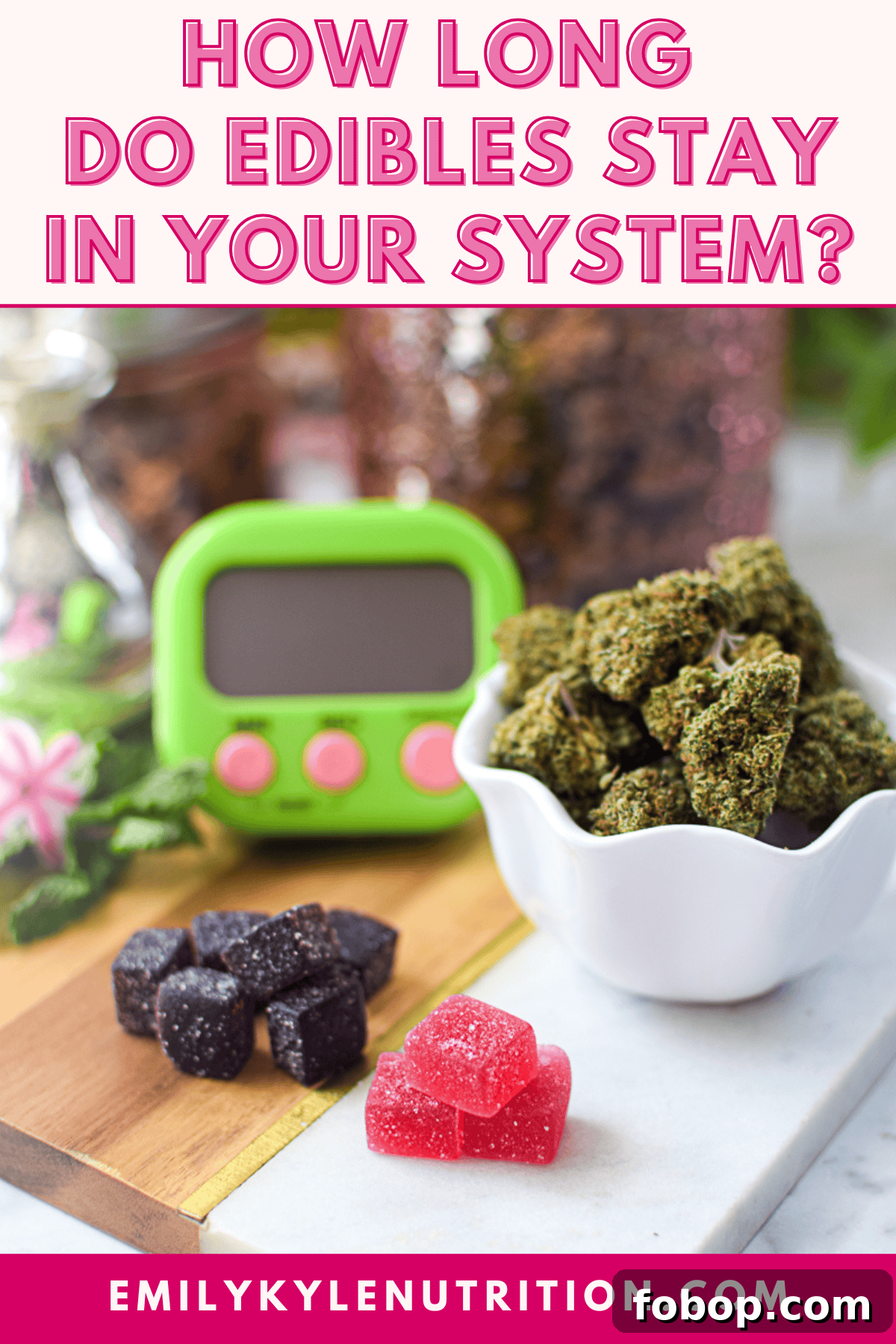A picture of several different kinds of cannabis edibles with text that says: "How Long Do Edibles Stay in System by Emily Kyle".