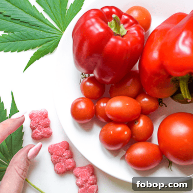 A picture of cannabis gummies and grape tomatoes.