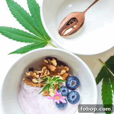 A picture of a bowl of yogurt with a cannabis leaf.