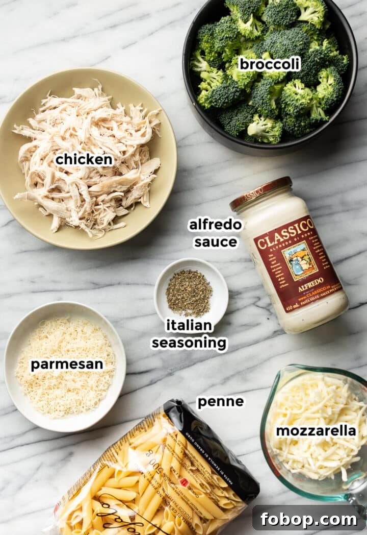 Creamy Chicken and Broccoli Alfredo Bake Recipe 3 ingredients for chicken alfredo broccoli bake in prep bowls