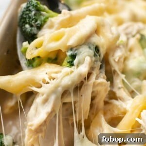 Creamy Chicken and Broccoli Alfredo Bake Recipe 8 a serving spoon with chicken and broccoli alfredo bake