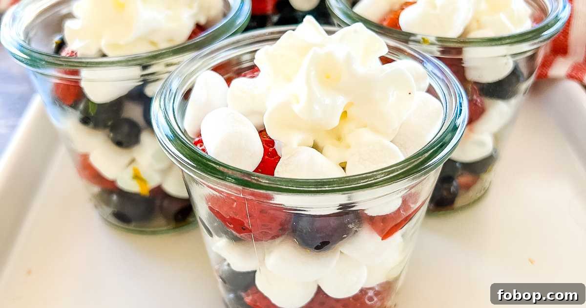 Fresh Blueberry and Strawberry Summer Salad Recipe 9 close up of strawberry blueberry salad parfait cups.