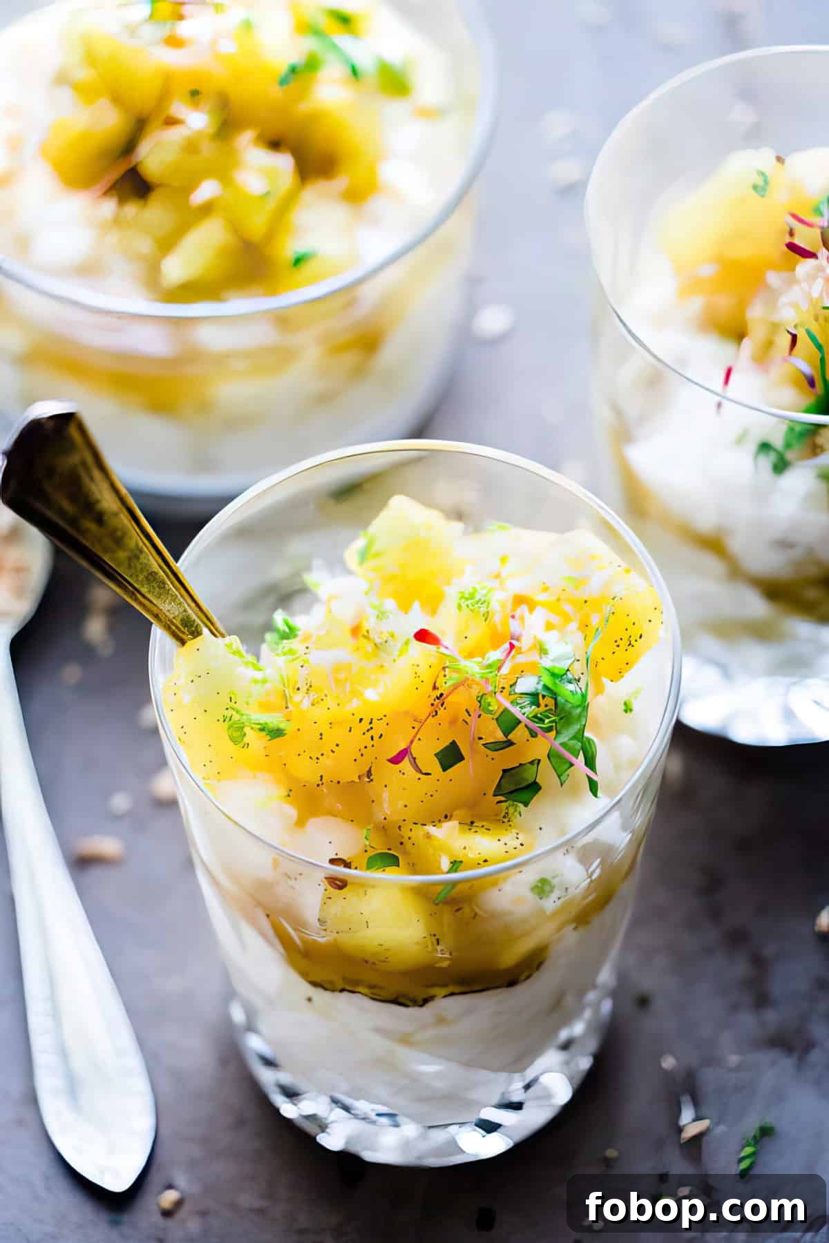 Pineapple rice pudding in a dessert cup.