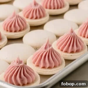 White macaron shells topped with strawberry ganache.
