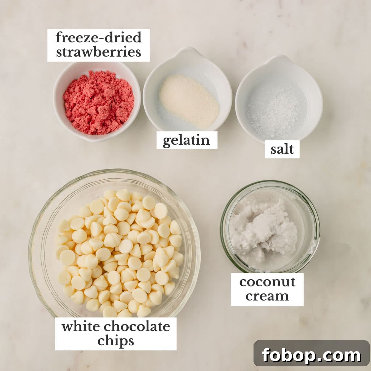 Freeze-dried strawberries, gelatin, salt, coconut cream, and white chocolate chips.