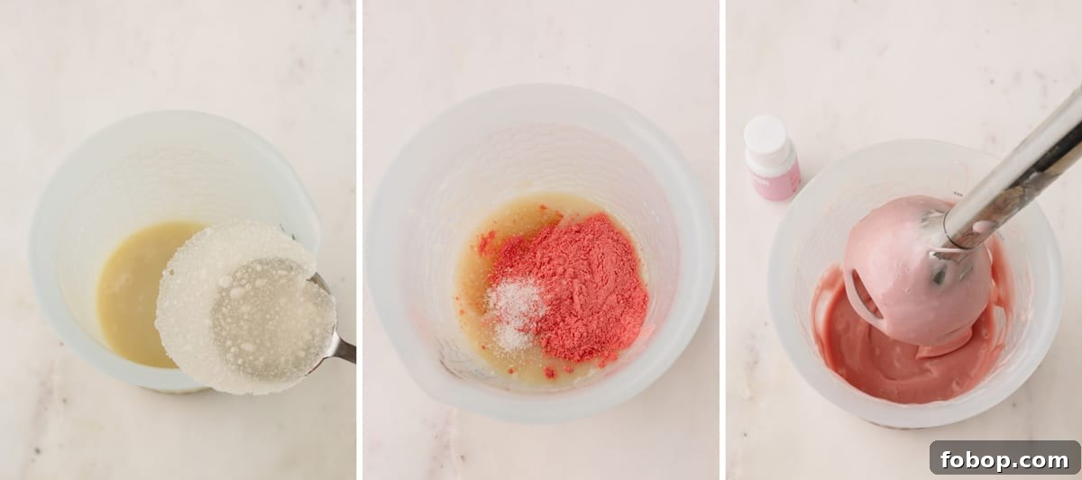 Gelatin powder and freeze-dried strawberries being combined with ganache.