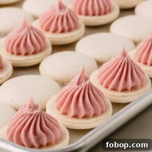 White macaron shells topped with strawberry ganache.