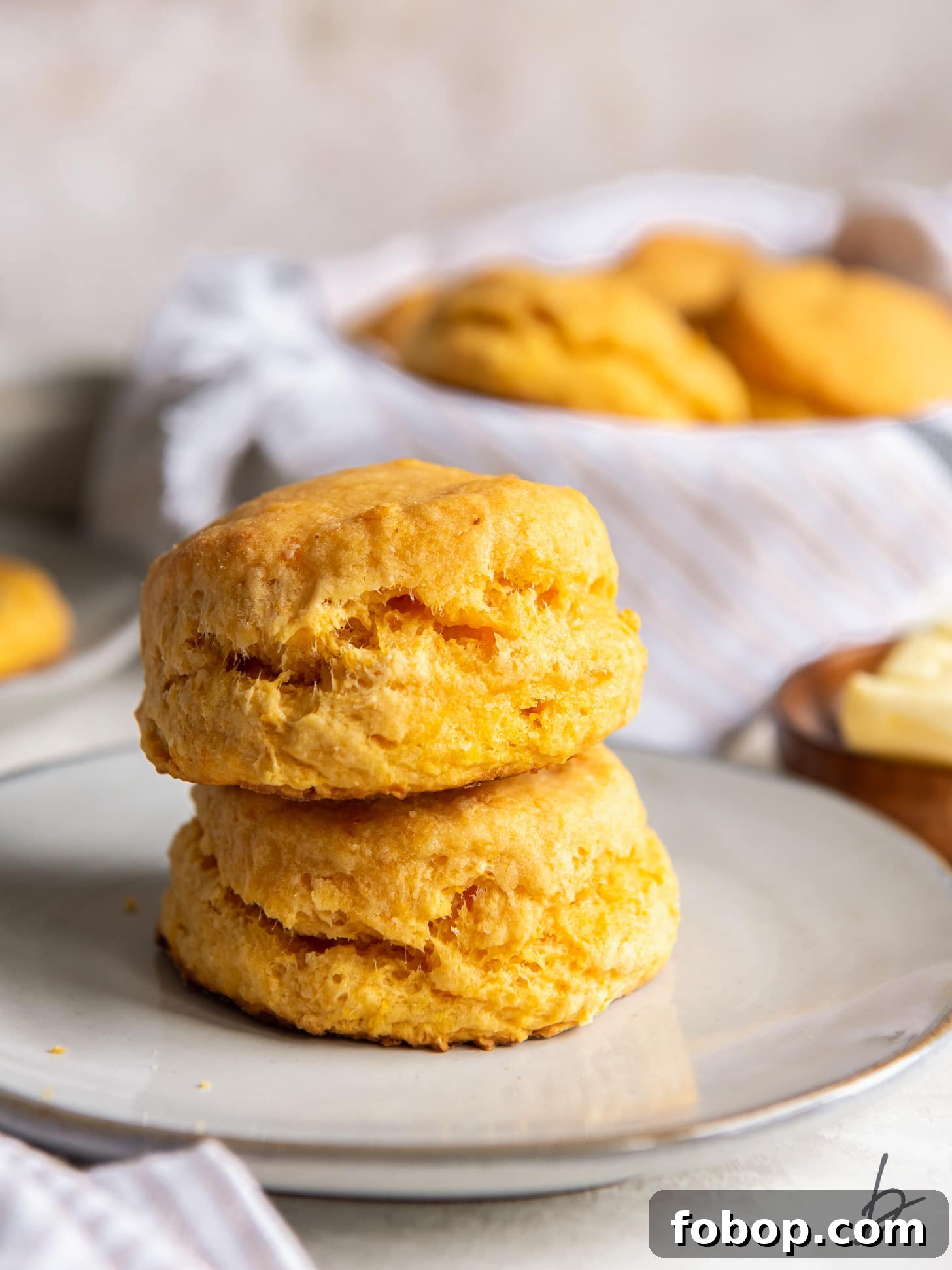 stack of two fluffy sweet potato biscuits on a small gray plate.