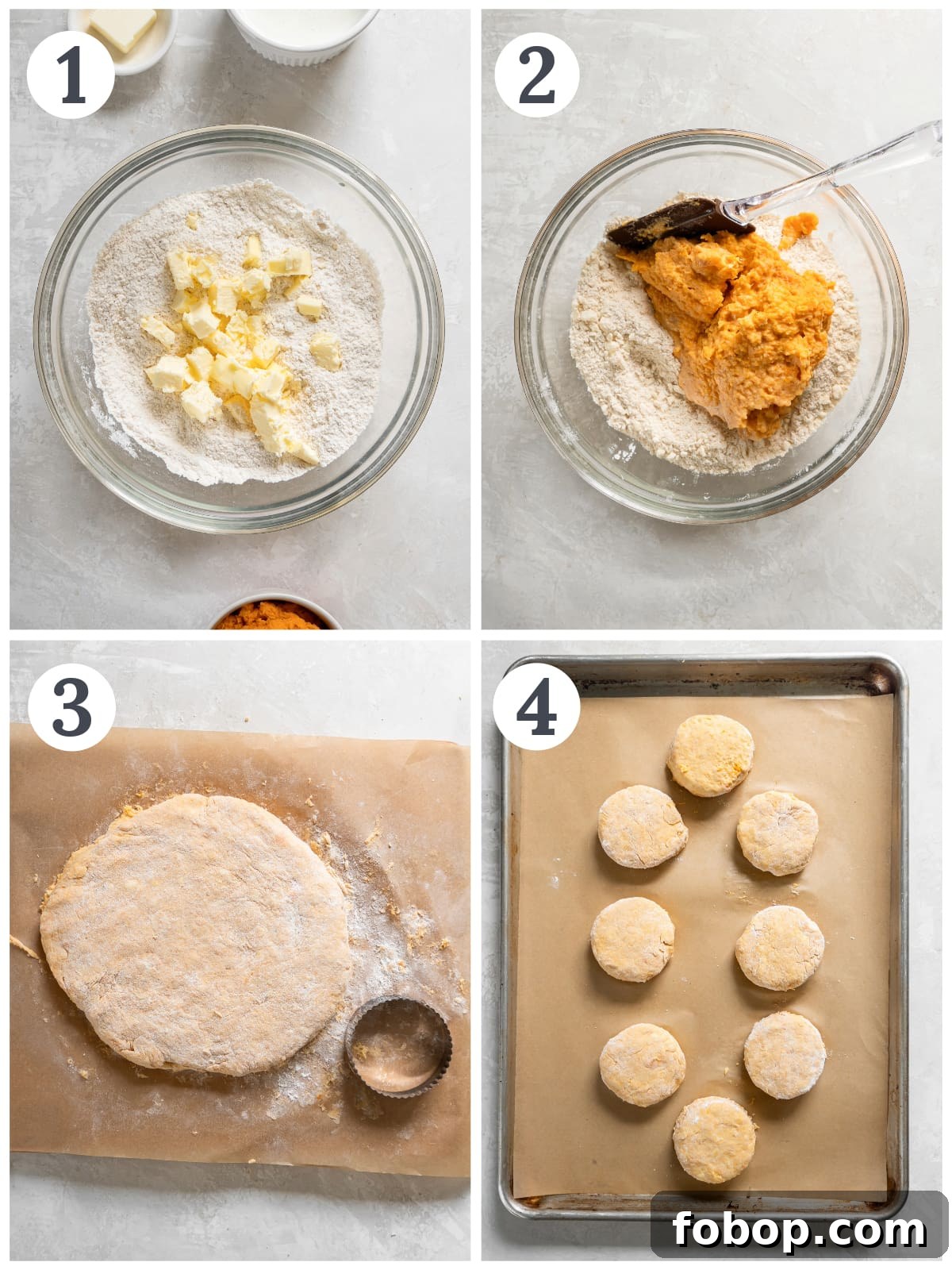 photo collage demonstrating how to make sweet potato biscuits in a mixing bowl and with a biscuit cutter.