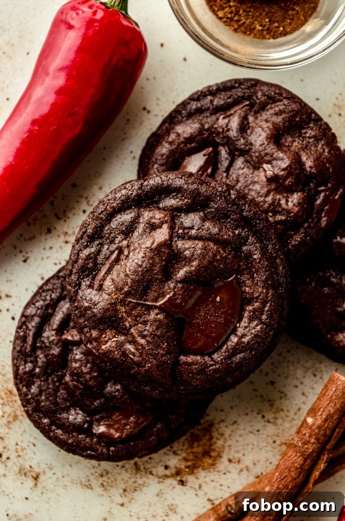 Chocolate cayenne cookies with a cinnamon stick, chili pepper, and nutmeg around them.