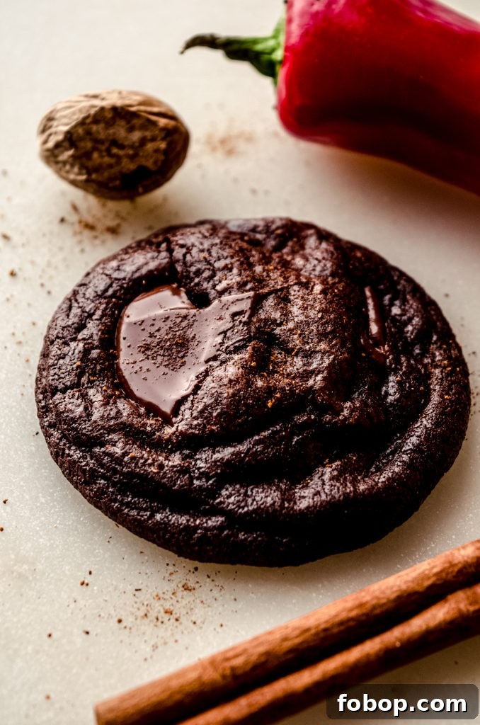 A chocolate cayenne cookie with a cinnamon stick, chili pepper, and nutmeg around it.